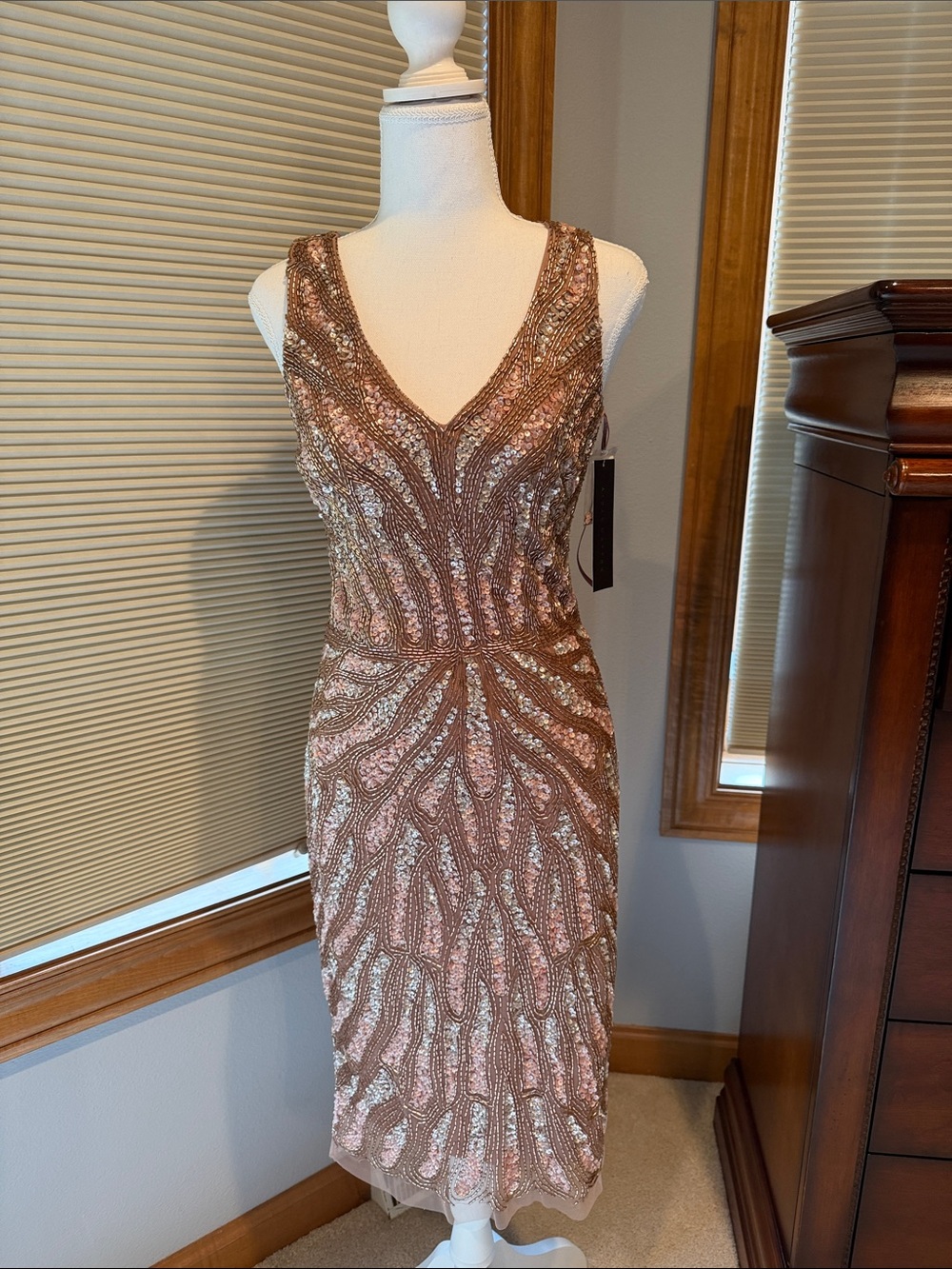 Aidan Maddox Rose Gold Sequin V-Neck Cocktail Dress NWT